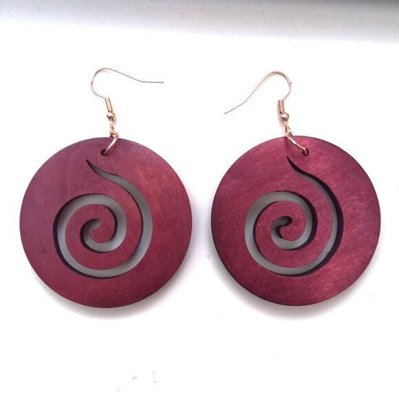 Earrings Wood Cut Swirl Bohemian Dangle Boho Large Trendy Hindu Round Swirls NEW - Picture 1 of 2